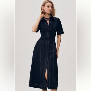 Anthropologie Exquise Short-Sleeve Seamed Pleated Midi Dress